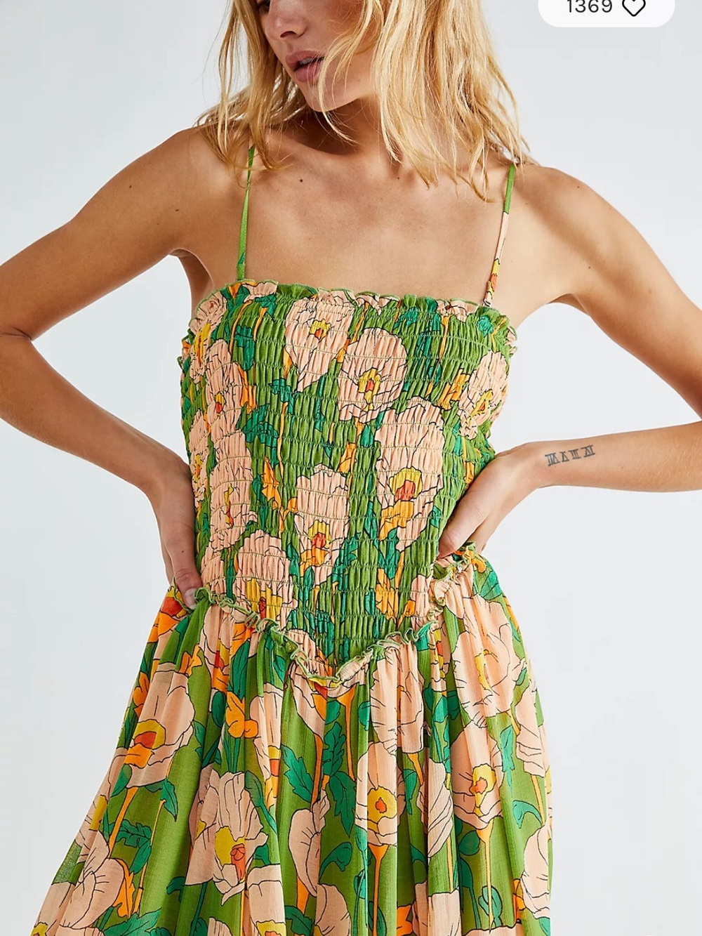 Free People Green Floral Smocked Maxi Jumpsuit with Peach Blooms - Picture 2 of 4